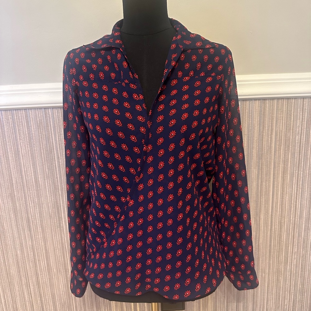 Japna Navy Red Leaf Print Blouse Long Sleeve Lightweight Top